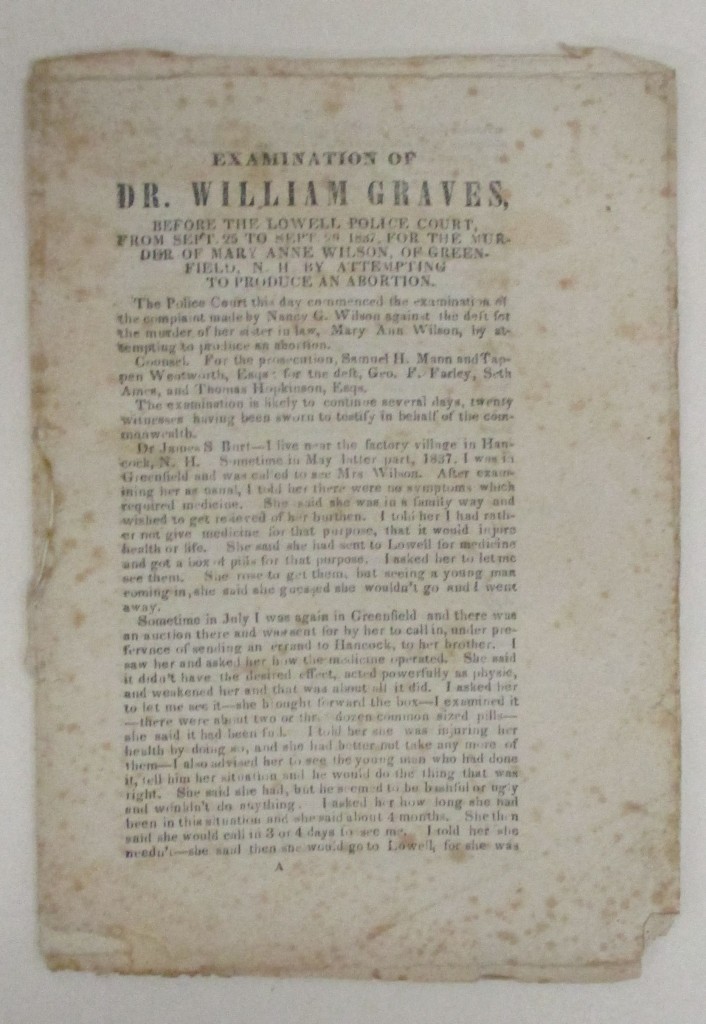 (CRIME.) Examination of Dr. William Graves . . . for the Murder of Mary Anne Wilson . . . by Attempting to Produce an Abortion.